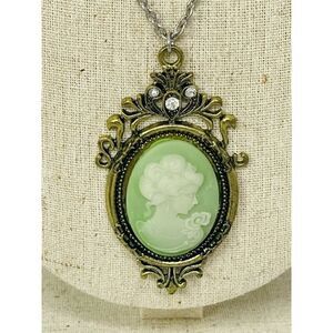 HSN Antique gold Lime Green Cameo Pendant on silver Chain 20"
